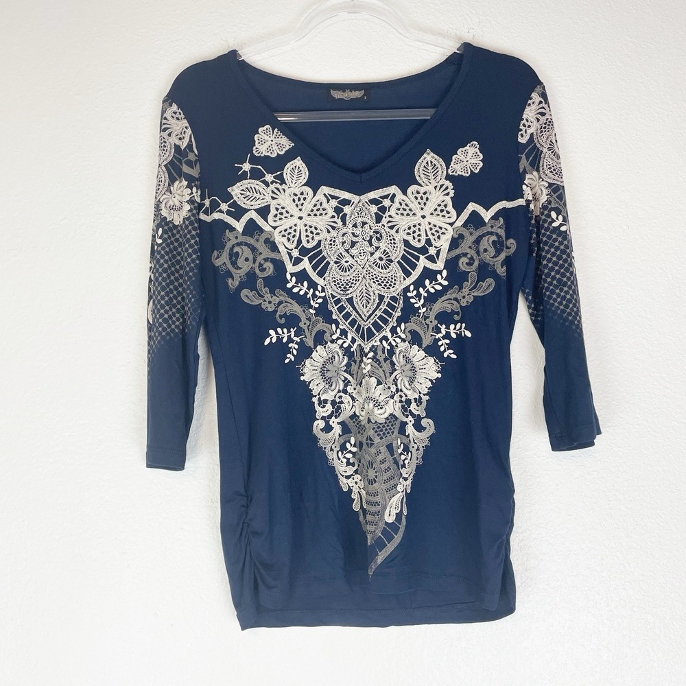 Vanilla Sugar Top Small Boho Gothic Indie 3/4 Sleeves Y2K Navy Rhinestones USA S